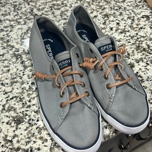 Sperry Womens Gray Canvas Boat Shoes with Tan Laces